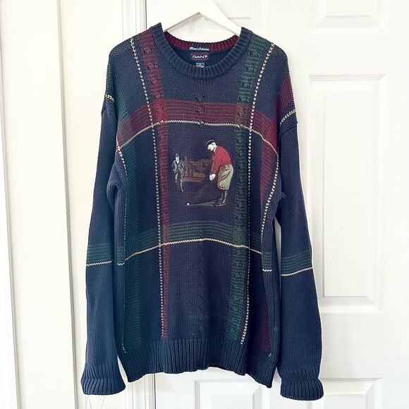 Gant Vintage Hand Intarsia Swinging Golfer Crew Neck Jumper Sweater Large Tall - Picture 8 of 13
